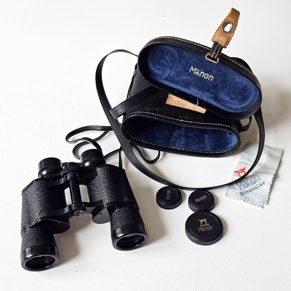 Vintage Manon Shrine 7x35 Binoculars Japan Coated Optics w/ Case Caps Bird Watch